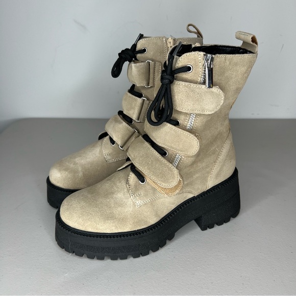 Free People Beige Latte Suede Emmet Lace Up Velcro Strap Up Boots Size 8 - Picture 2 of 8
